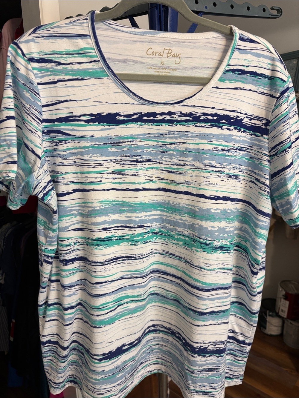 Coral Bay White Top with Navy and Aqua Brushstroke Stripes